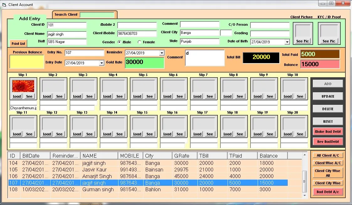 Screenshot of Client management software