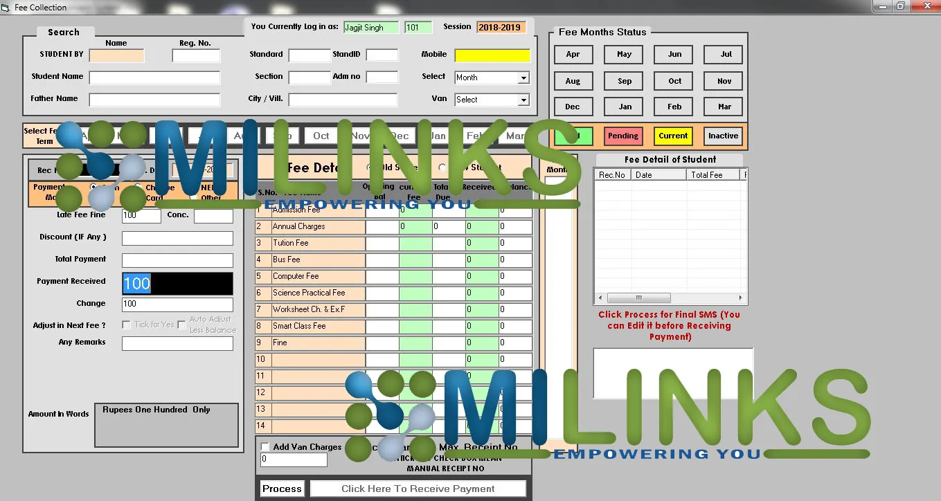 Screenshot of School fee collection software